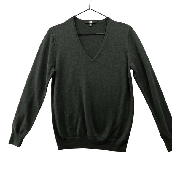 Uniqlo Merino Wool Sweater Womens L Forest Green V-Neck Lightweight - Picture 1 of 9